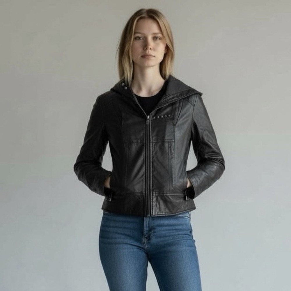 BCBGeneration Size Small Black 100% Leather Moto Hooded Jacket BCBG Vintage